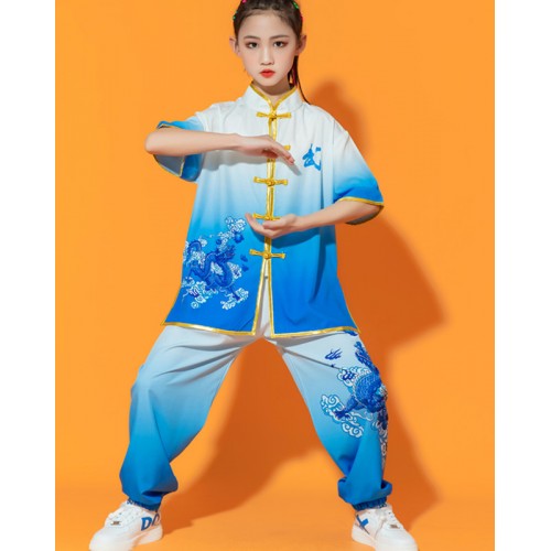Children Boy girls chinese dragon kung fu uniforms Red blue martial arts wushu performance clothing Tai Chi suit kindergarten drummer taekwondo performance outfits
